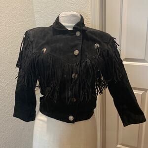 Vintage Women’s Black Leather Suede Jacket w/ Fringe Tassels Western Sz S